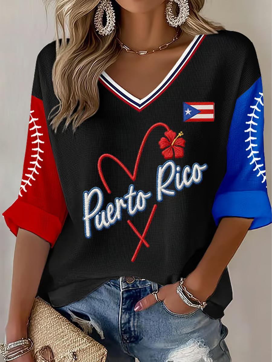 Women's Puerto Rico Baseball Print Waffle T-shirt