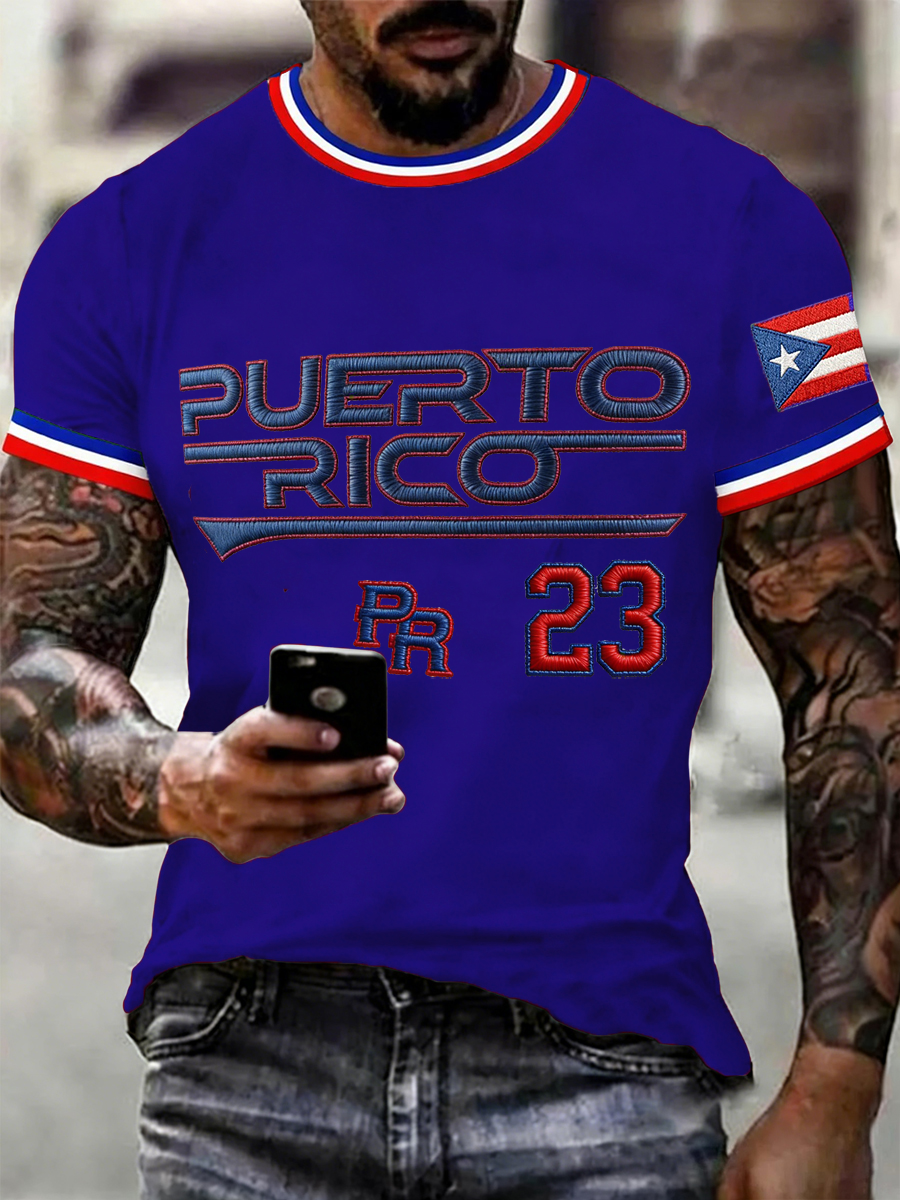 Men's Puerto Rico Baseball Print imitation cotton short-sleeved T-shirt