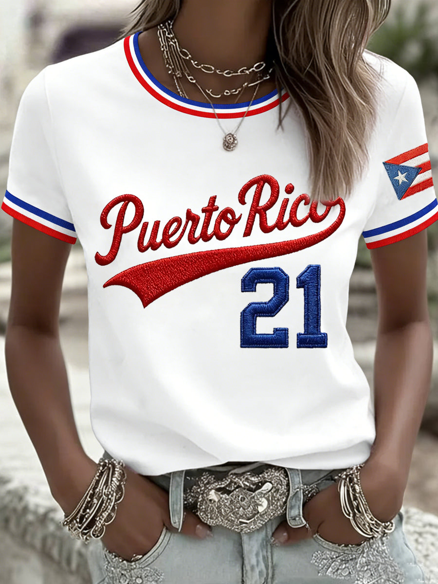Women's Puerto Rico Baseball Print Casual Tee