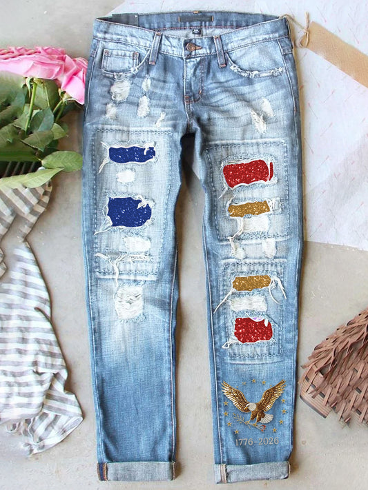 Women's  Retro American Independence Day  Denim Patch Printed Denim Jeans
