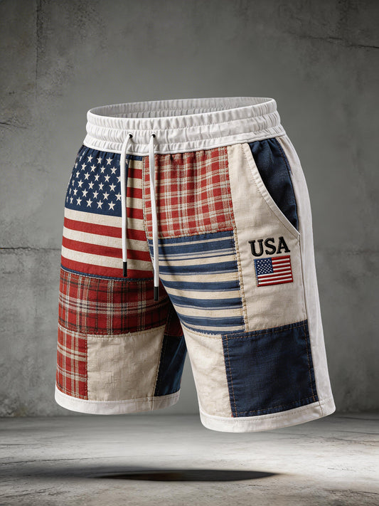 Men's USA Embroidery Pattern Patchwork Art Shorts