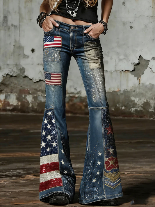 Women's Vintage Denim Jeans with American Flag Print