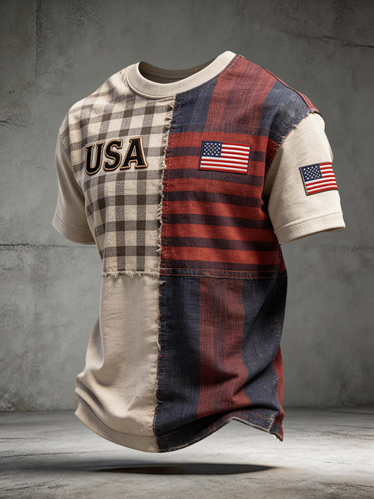 Men's USA Embroidery Pattern Patchwork Art T-Shirt