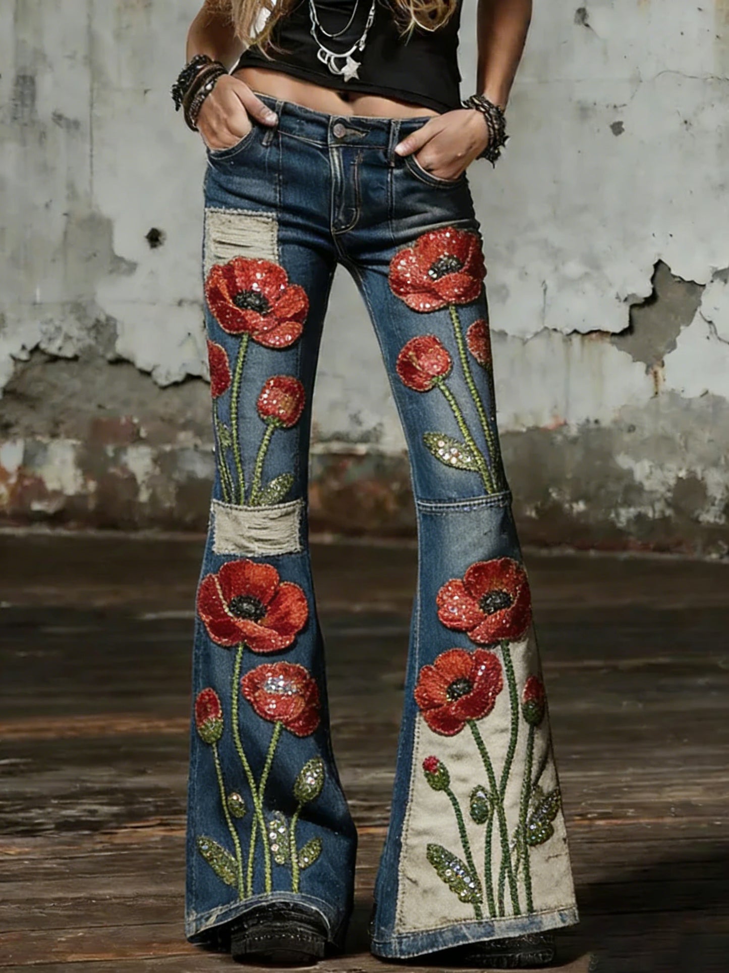 Women's Vintage Denim Jeans with American Flag Print