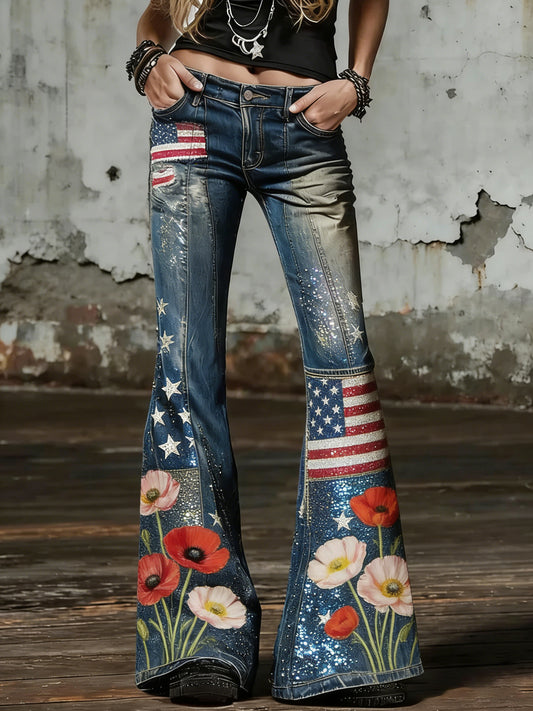 Women's Vintage Denim Jeans with American Flag Print