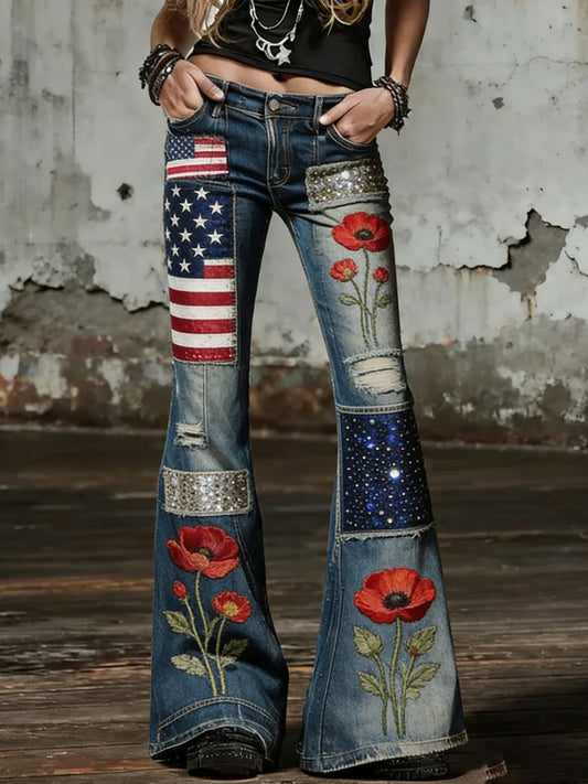 Women's Vintage Denim Jeans with American Flag Print