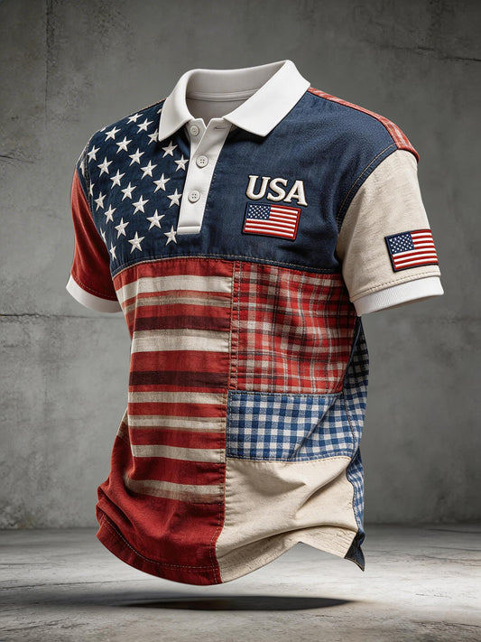 Men's USA Embroidery Pattern Patchwork Art Polo Shirt