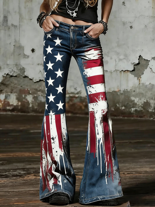 Women's Vintage Denim Jeans with American Flag Print