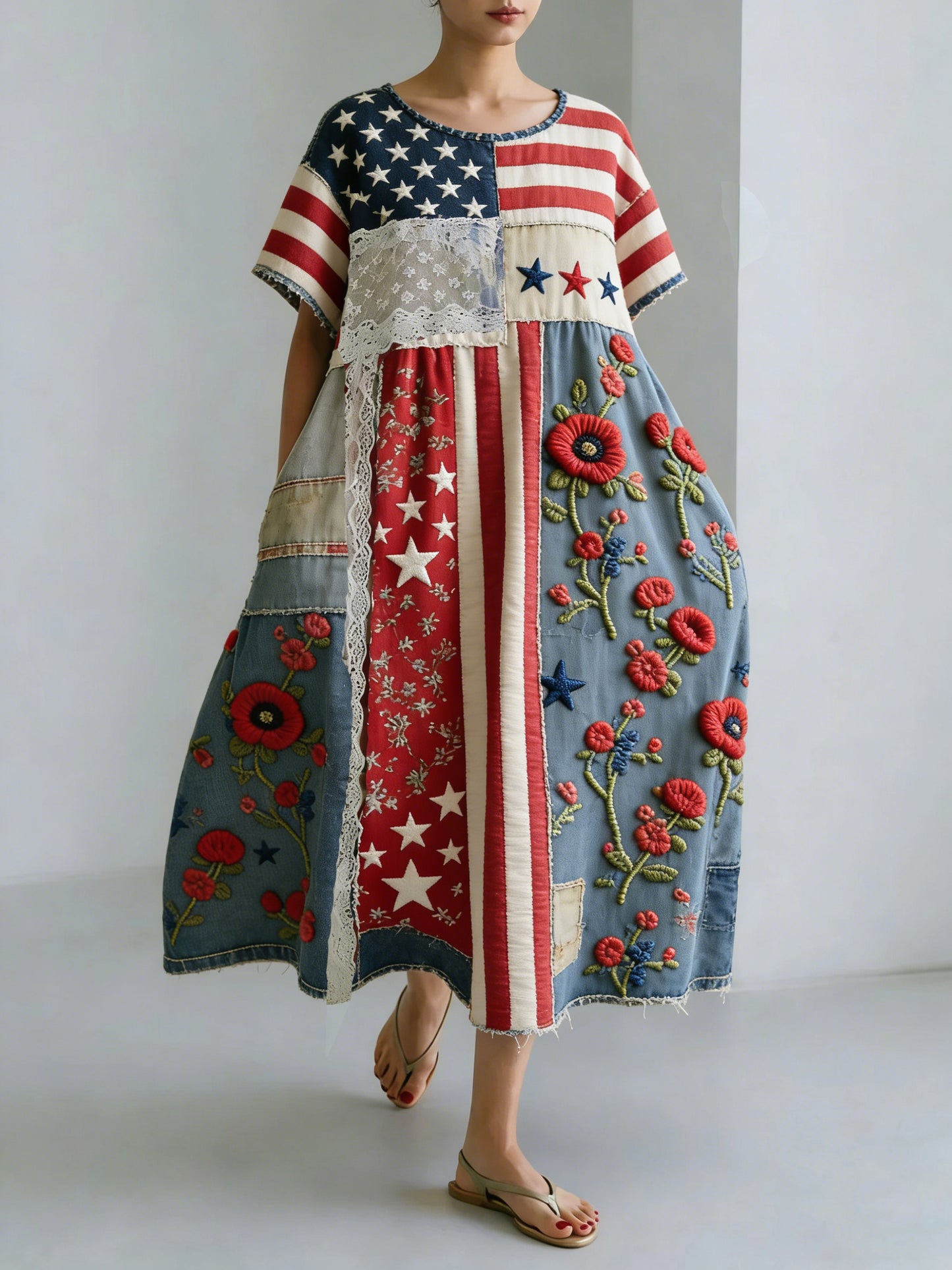 Women's Vintage Patriotic Independence Day Patchwork Floral Casual Dress