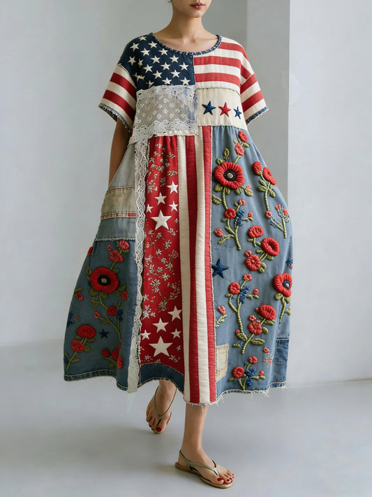 Women's Vintage Patriotic Independence Day Patchwork Floral Casual Dress