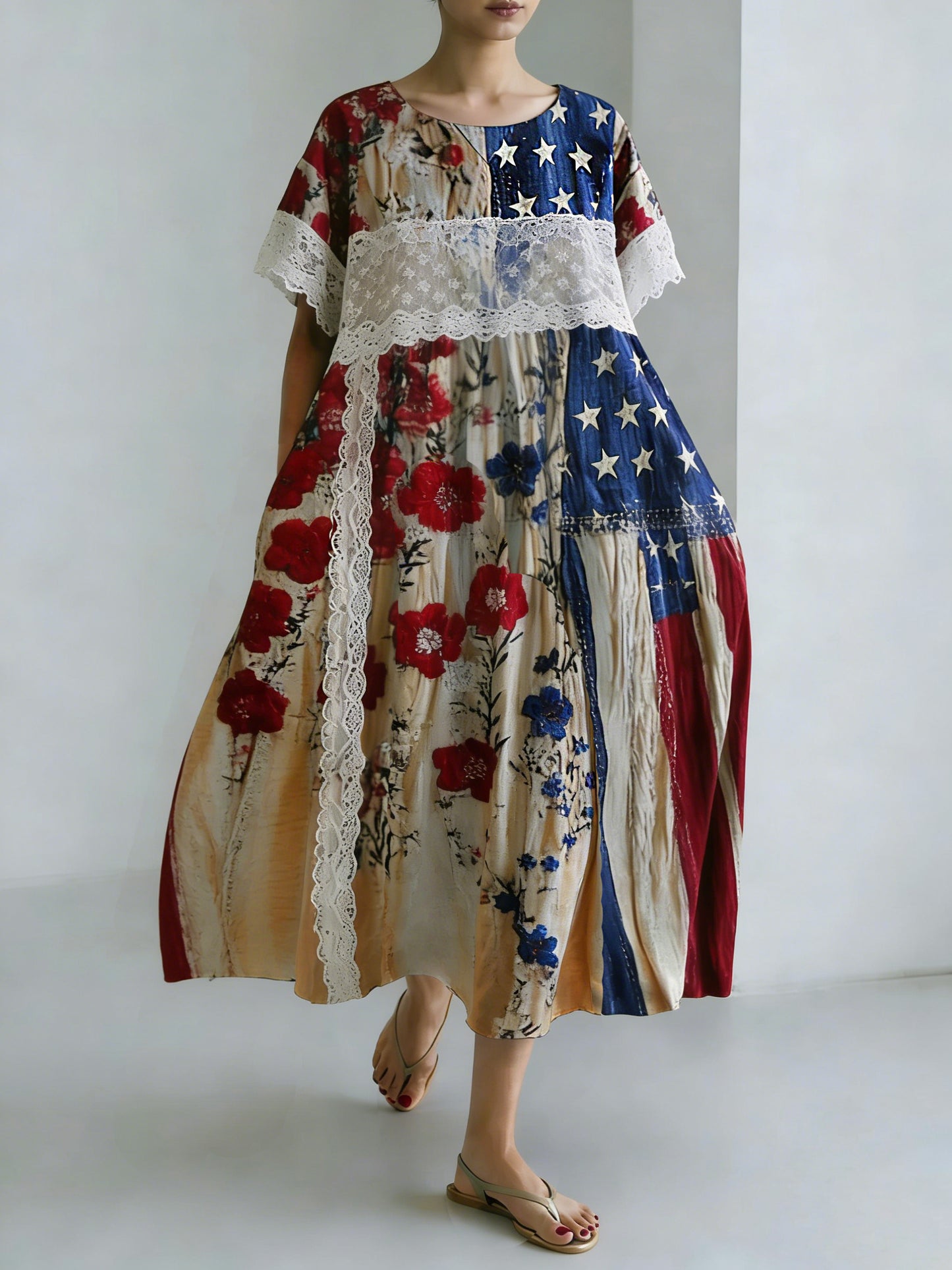 Women's Vintage Patriotic Independence Day Patchwork Floral Casual Dress
