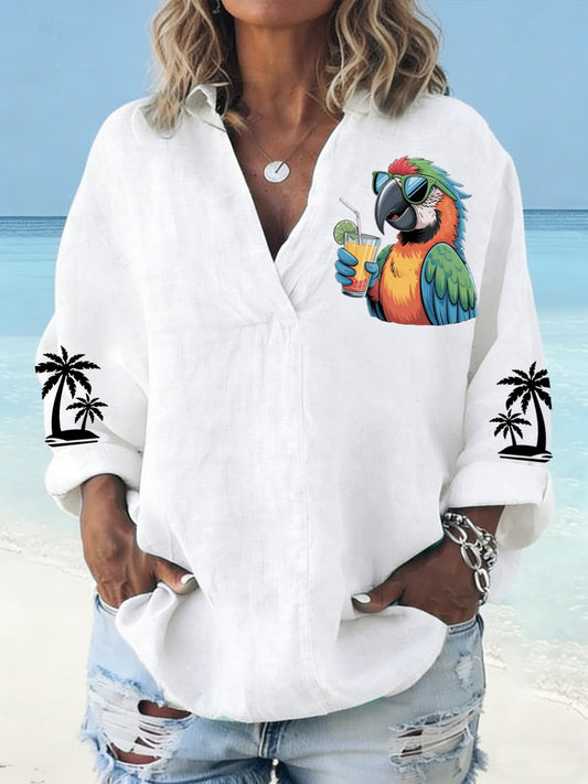 Women's Parrot Print Casual V-Neck Shirt