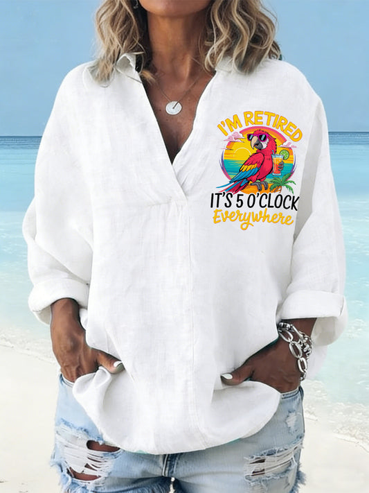 Women's I'm Retired It's 5 O'clock Everywhere Parrot Print Casual V-Neck Shirt