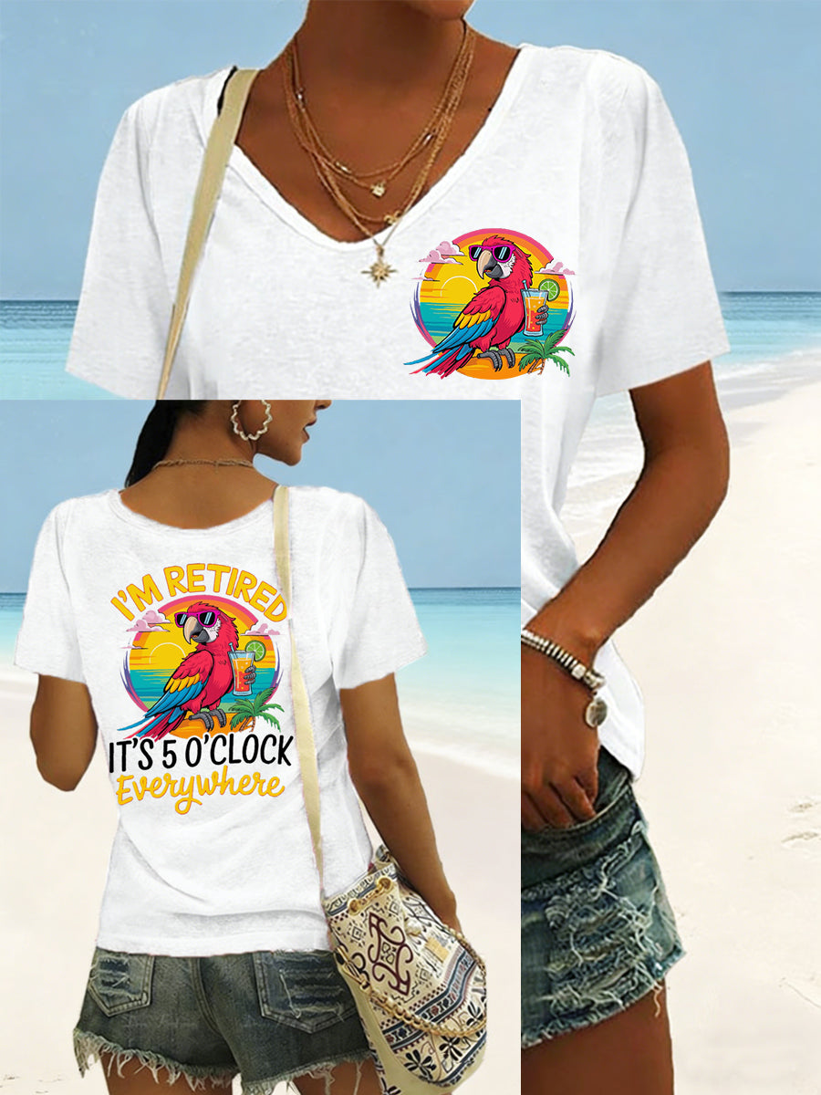 Women's I'm Retired It's 5 O'clock Everywhere Parrot Print Casual V-Neck Tee