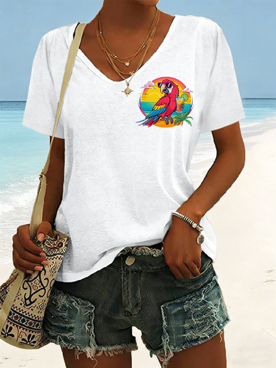 Women's I'm Retired It's 5 O'clock Everywhere Parrot Print Casual V-Neck Tee