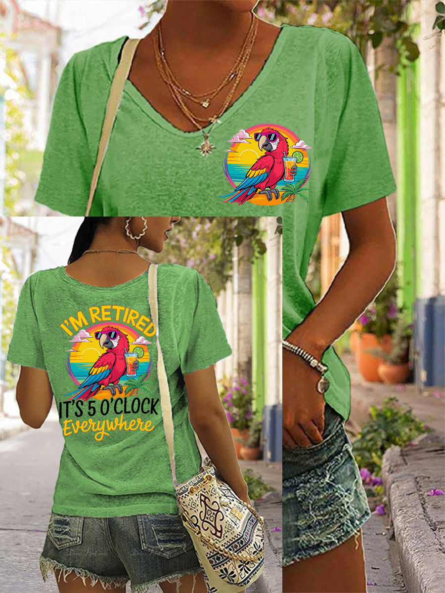 Women's I'm Retired It's 5 O'clock Everywhere Parrot Print Casual V-Neck Tee
