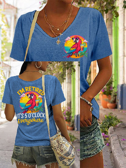 Women's I'm Retired It's 5 O'clock Everywhere Parrot Print Casual V-Neck Tee