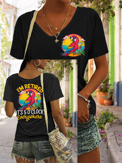 Women's I'm Retired It's 5 O'clock Everywhere Parrot Print Casual V-Neck Tee
