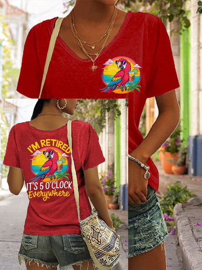 Women's I'm Retired It's 5 O'clock Everywhere Parrot Print Casual V-Neck Tee