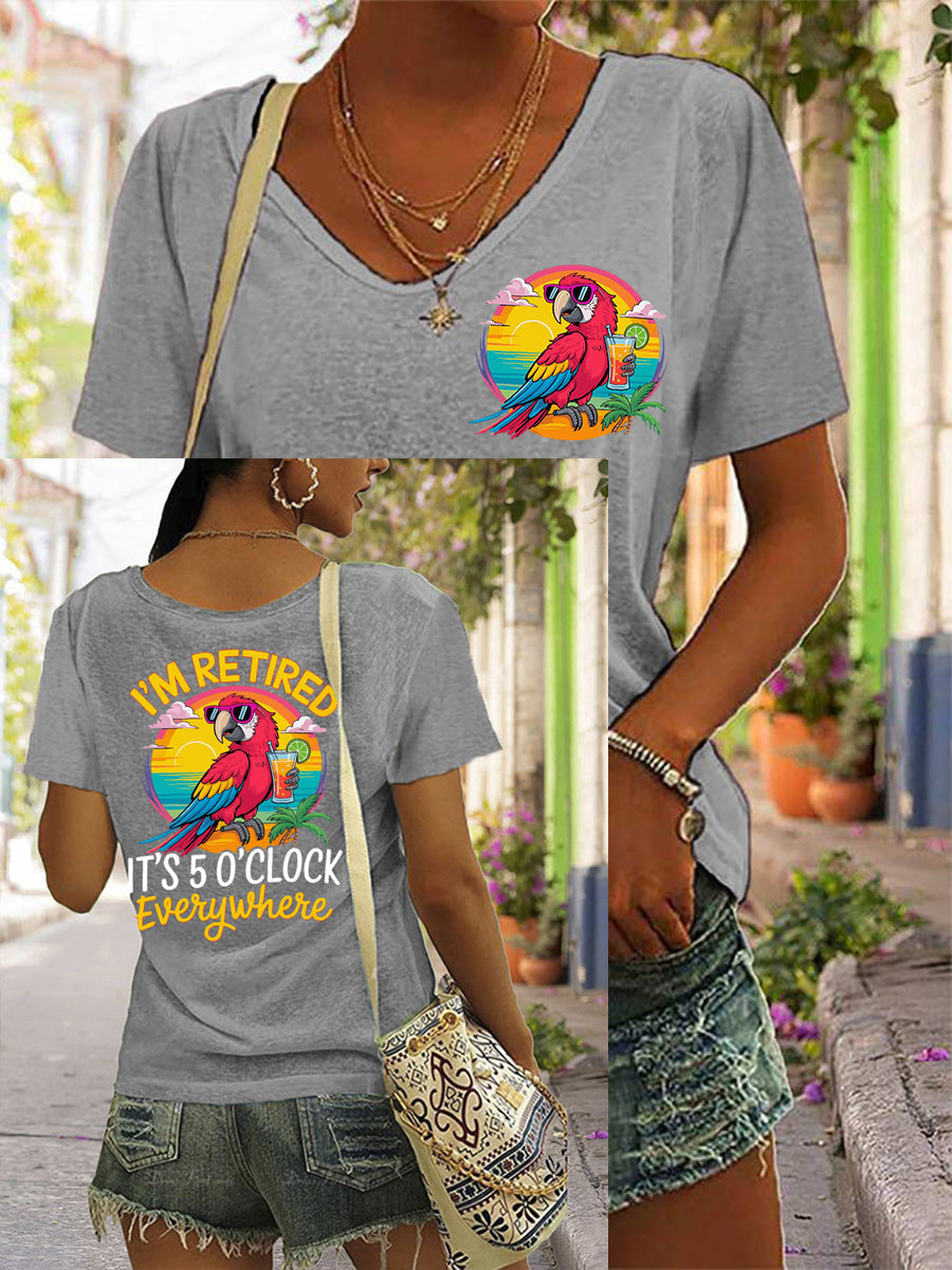 Women's I'm Retired It's 5 O'clock Everywhere Parrot Print Casual V-Neck Tee