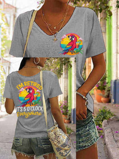 Women's I'm Retired It's 5 O'clock Everywhere Parrot Print Casual V-Neck Tee