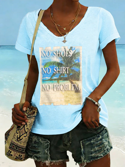 Women's No Shoes No Shirt No Problems Print V-neck T-shirt