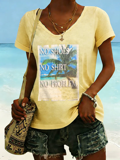 Women's No Shoes No Shirt No Problems Print V-neck T-shirt