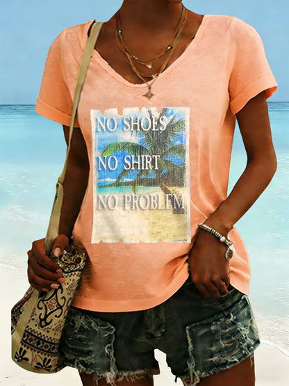 Women's No Shoes No Shirt No Problems Print V-neck T-shirt
