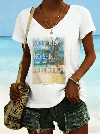 Women's No Shoes No Shirt No Problems Print V-neck T-shirt