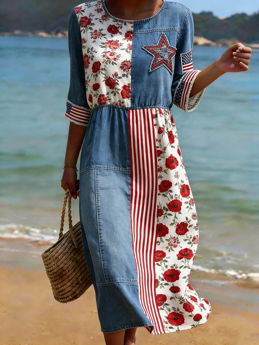 Women's American Commemorative Art Patchwork Print Dress