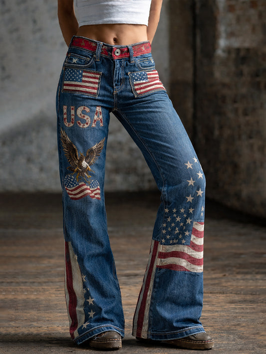 Women's Retro Patriotic Commemorative Art Print Casual Jeans
