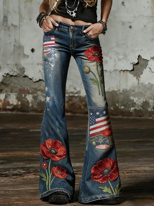 Women's Retro Patriotic Commemorative Art Print Casual Jeans