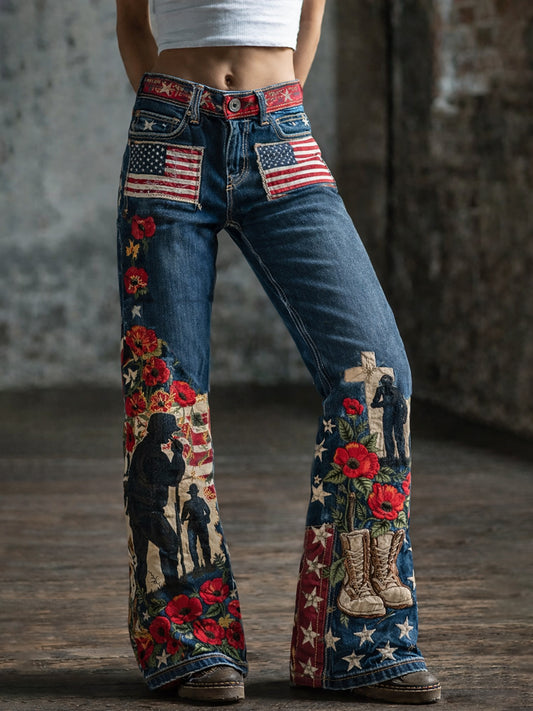 Women's Retro Patriotic Commemorative Art Print Casual Jeans
