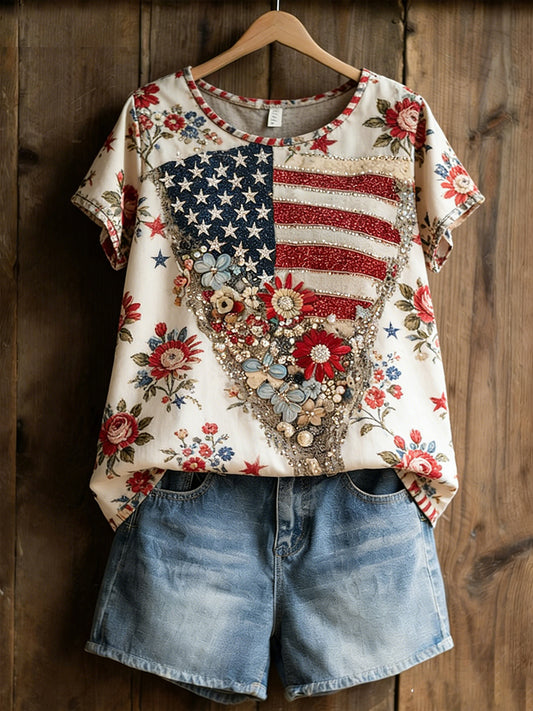 Women's Retro American Floral Patchwork Print Casual T-shirt