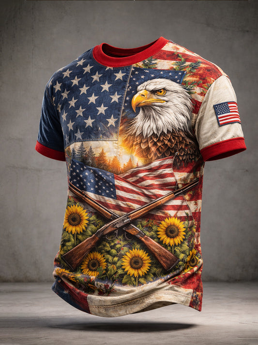 Retro American Art Patchwork Print Casual T-shirt