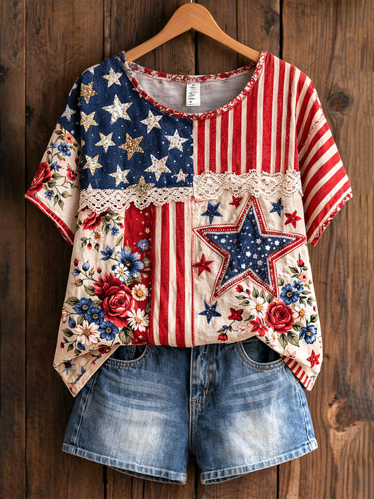 Women's Retro American Floral Patchwork Print Casual T-shirt