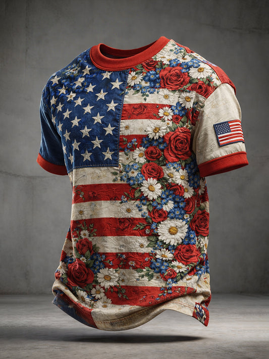 Retro American Art Patchwork Print Casual T-shirt