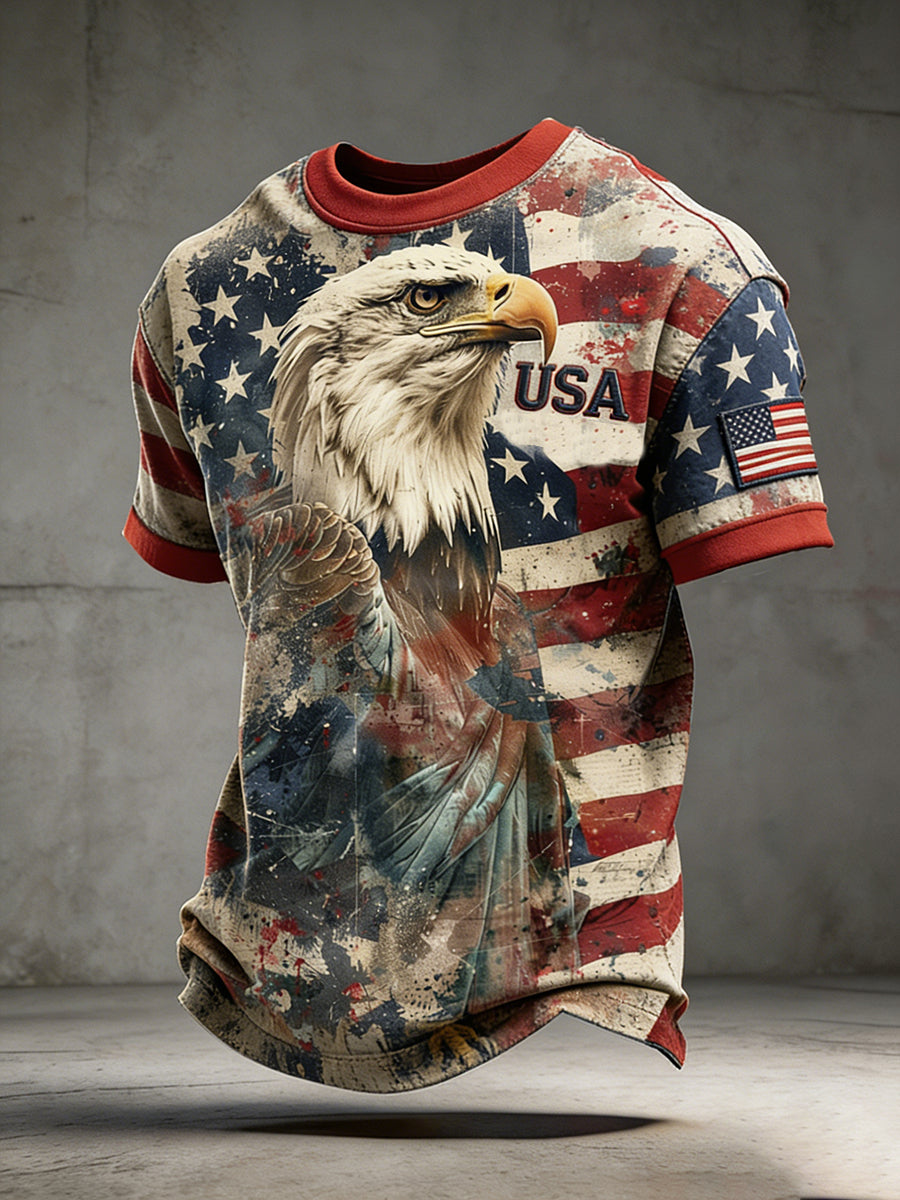 Retro American Art Patchwork Print Casual T-shirt