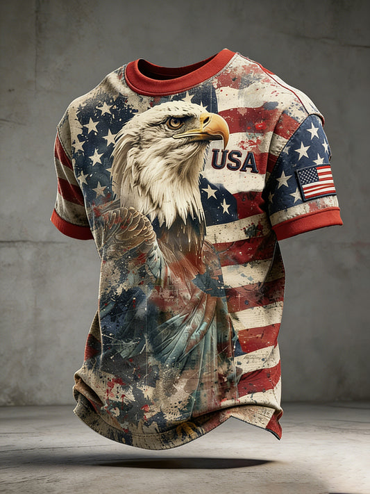 Retro American Art Patchwork Print Casual T-shirt