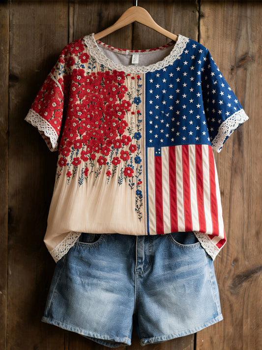 Women's Retro American Floral Patchwork Print Casual T-shirt