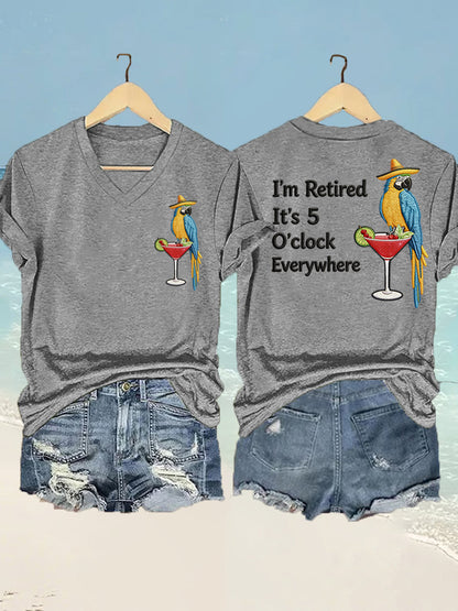 Women's  I'm Retired It's 5 O'clock Everywhere Parrot Print Casual V-Neck Tee