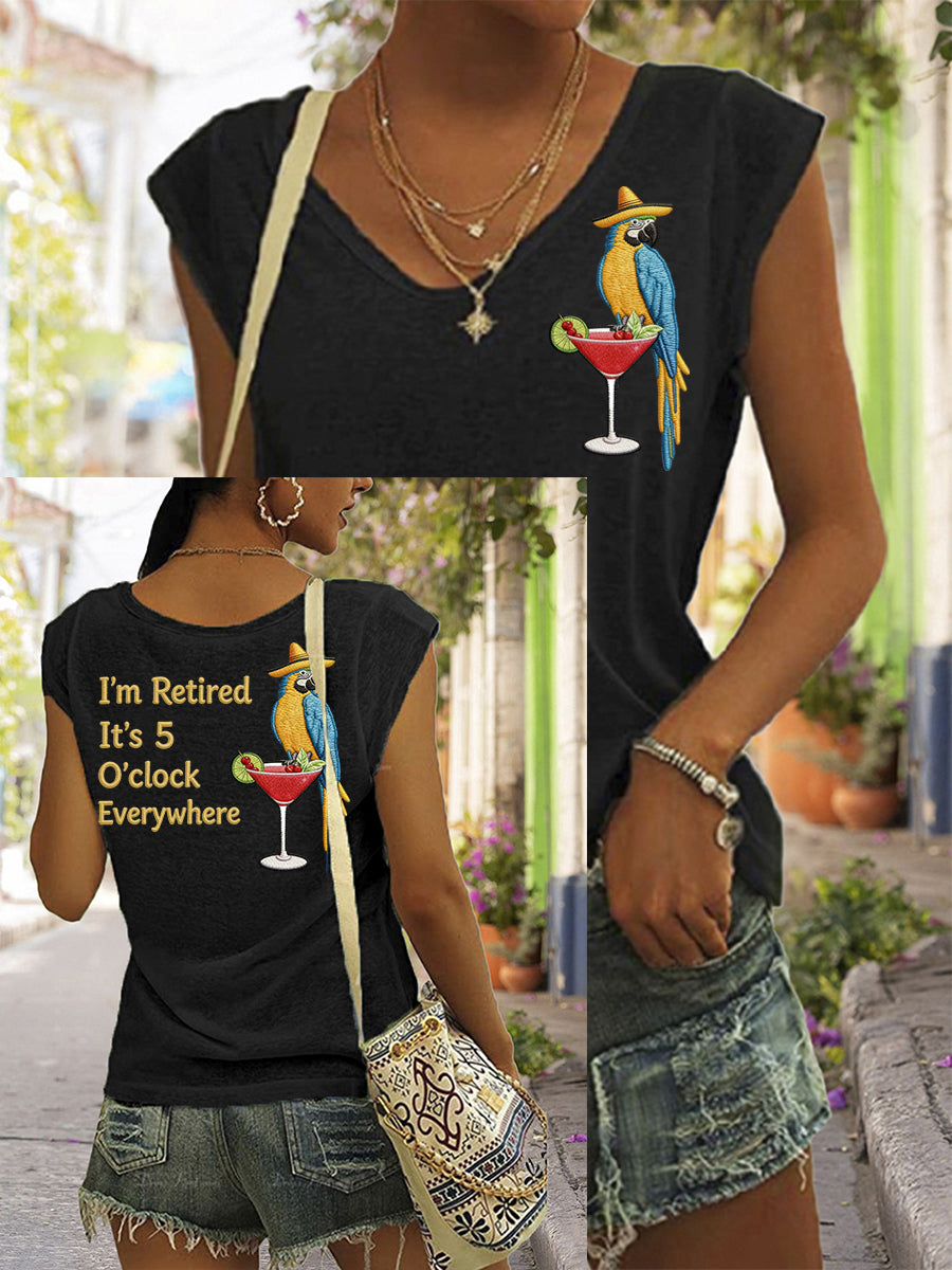 Women's I'm Retired It's 5 O'clock Everywhere Parrot Print Casual Sleeveless T-Shirt