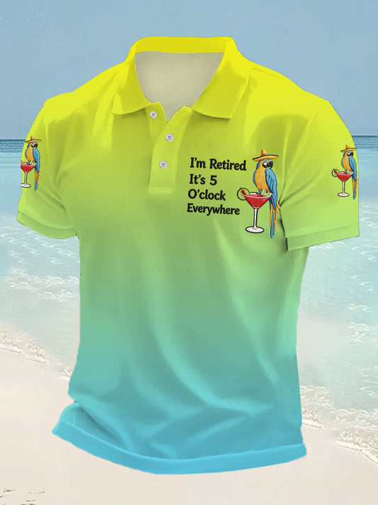 Men's I'm Retired It's 5 O'clock Everywhere Parrot Print Casual Polo