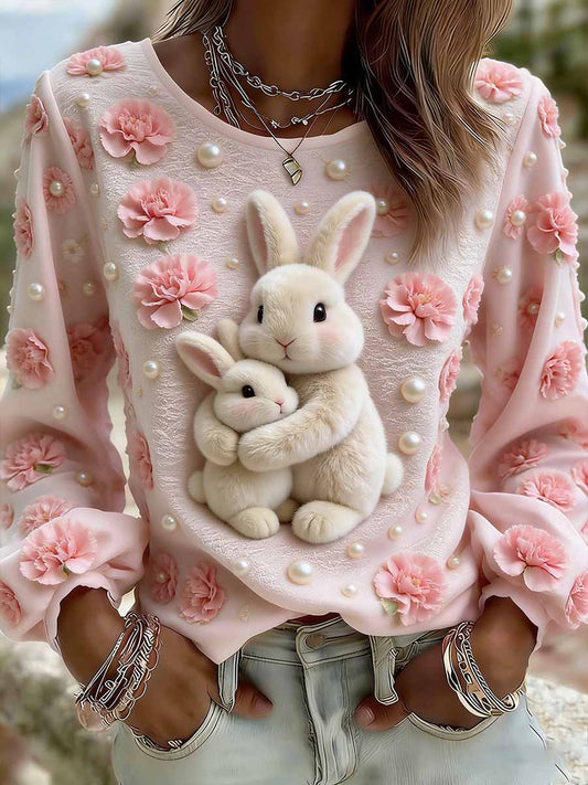 Women's Elegant Rabbit Mom Love Pattern Printed Casual Top