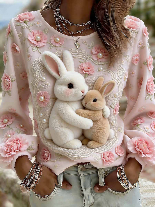 Women's Elegant Rabbit Mom Love Pattern Printed Casual Top