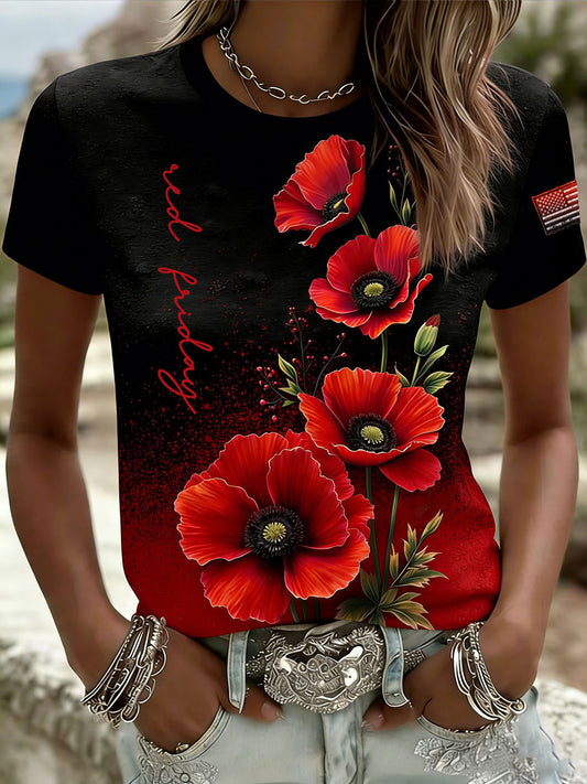 Women's Red Friday Print Casual T-Shirt
