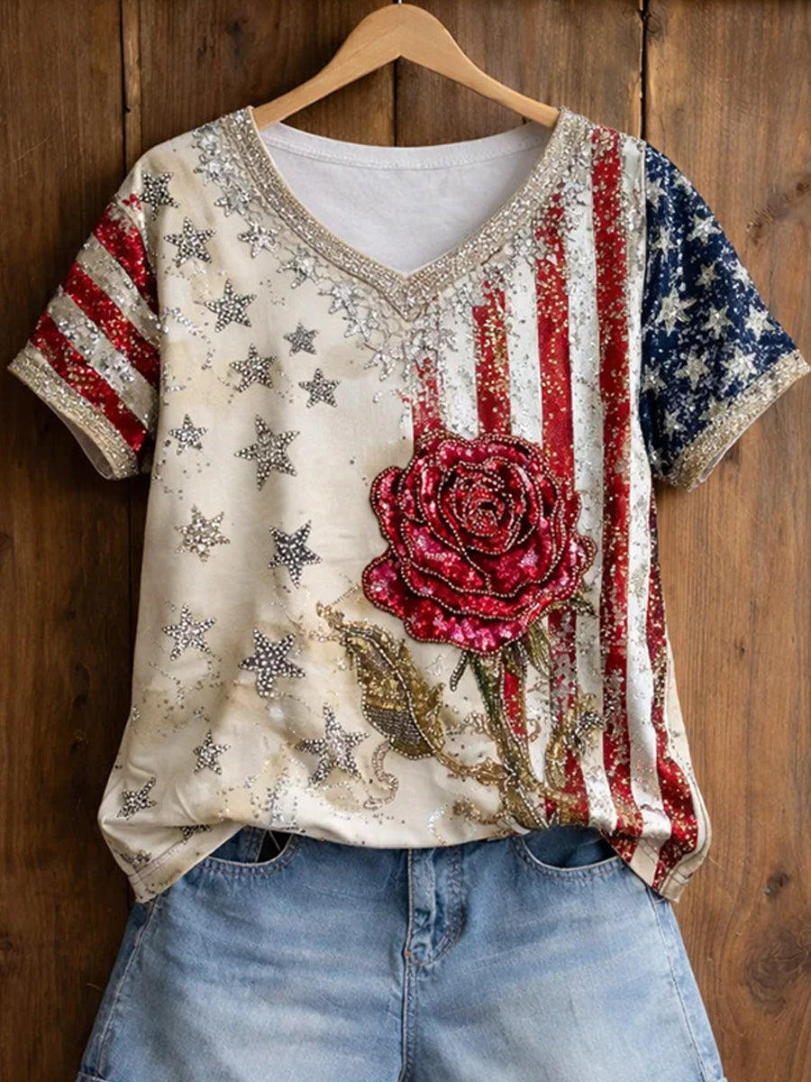 Women's Retro American-Style Floral Patchwork Print T-Shirt