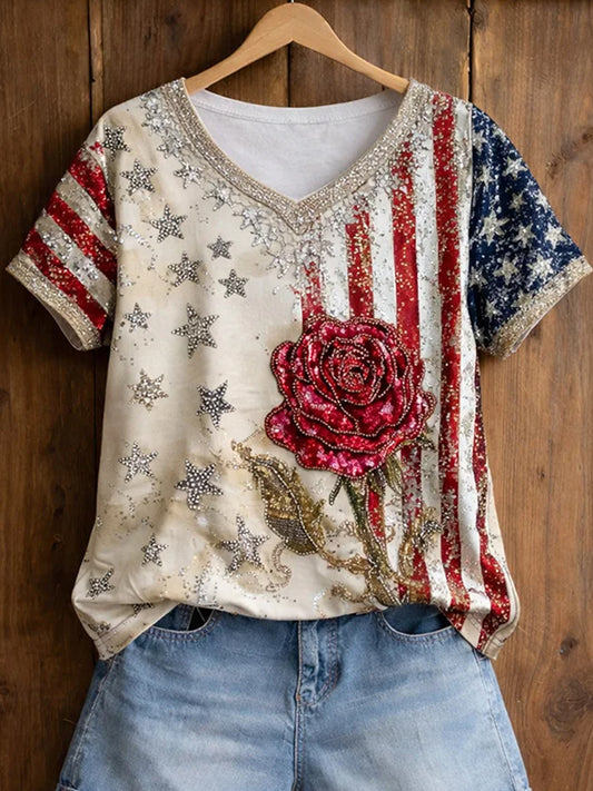Women's Retro American-Style Floral Patchwork Print T-Shirt