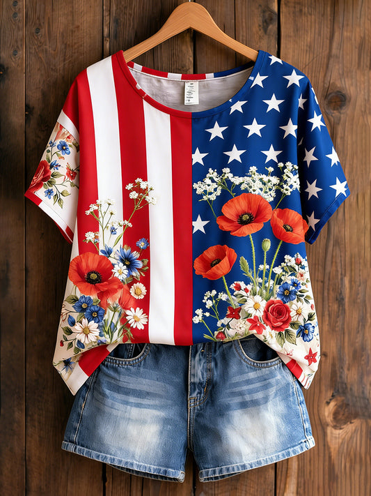 Women's Retro American Floral Patchwork Print Casual T-shirt