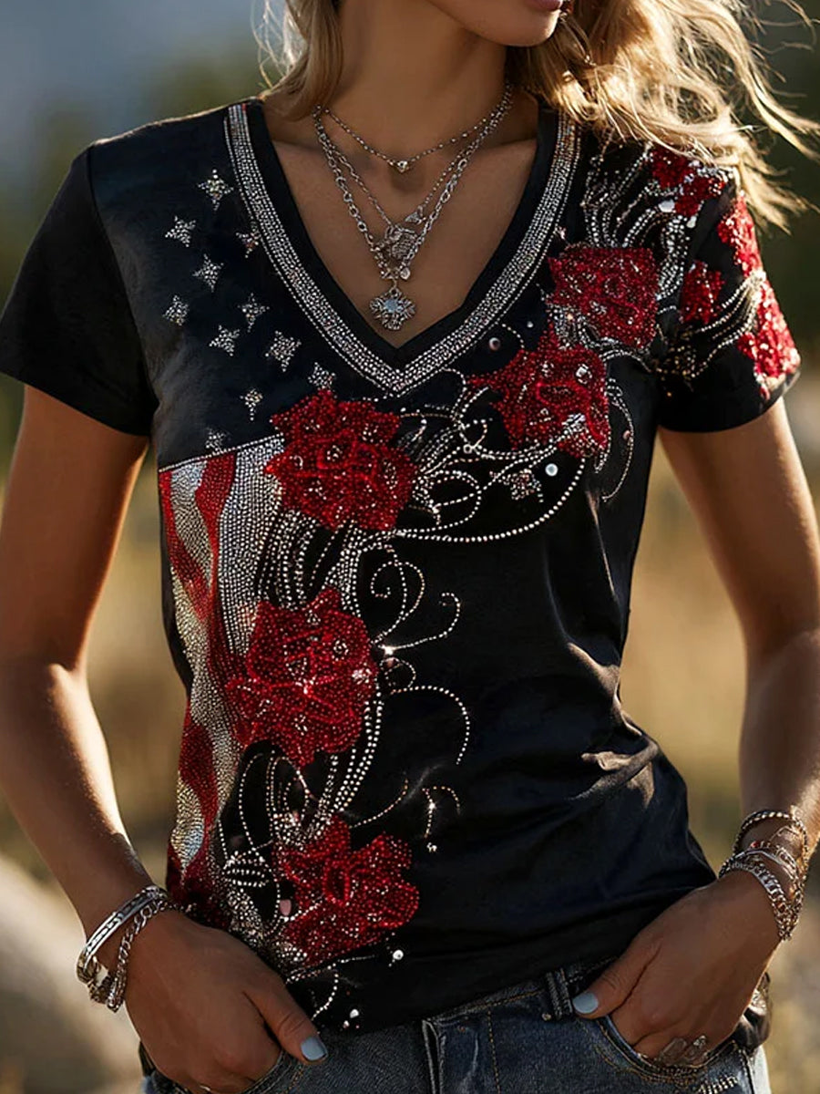 Women's Retro American-Style Floral Patchwork Print T-Shirt